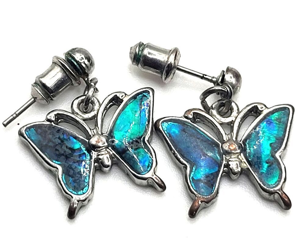 Vintage Y2K Abalone Mother of Pearl Butterfly Stud Earrings 1in